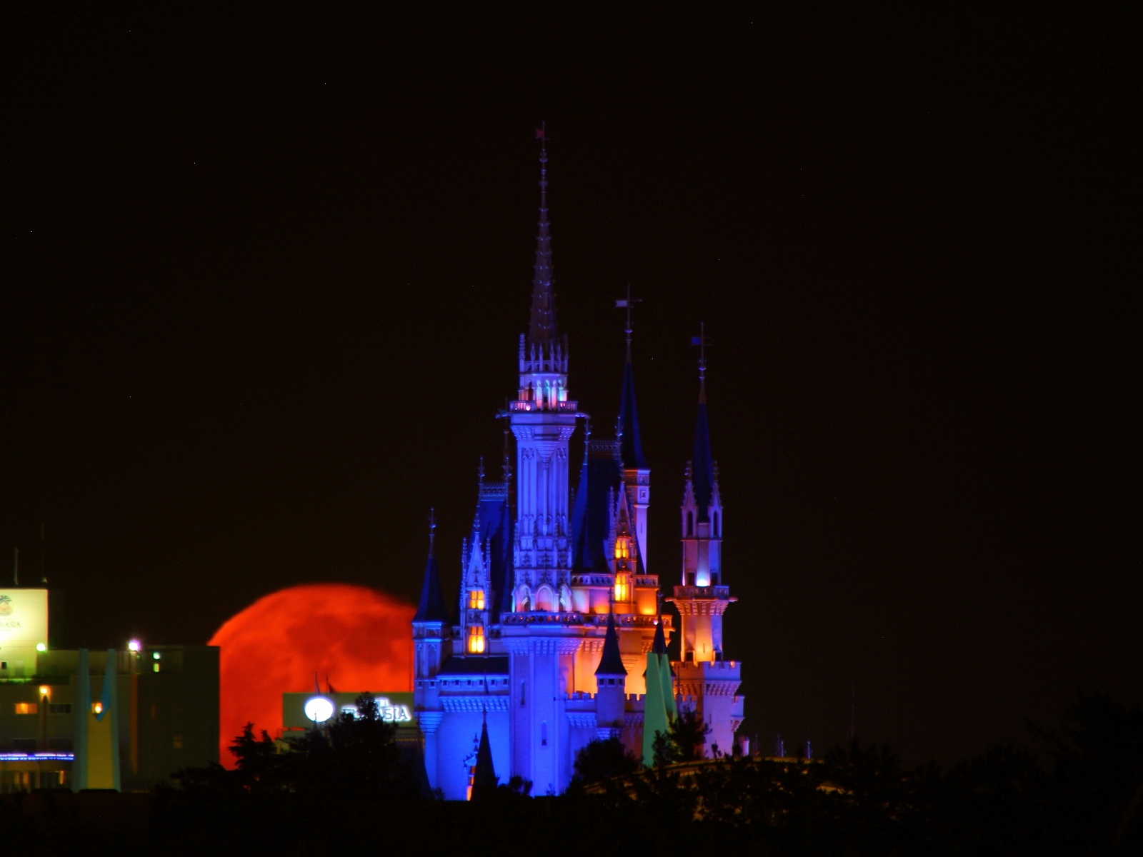 葛西臨海公園から東京ディズニーランド シンデレラ城と満月